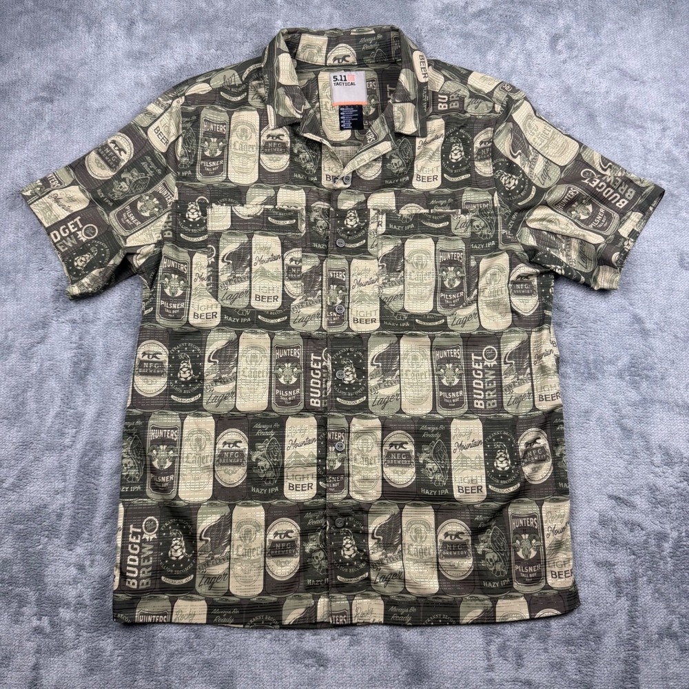 5.11 Tactical Mens Medium Beer Can Print Button Down Shirt Olive Green Ripstop